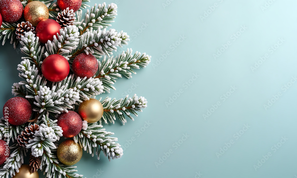 Snowy Fir Branch with Festive Ornaments against Light Blue Background with Copy Space Snowy Fir Branch with Festive Ornaments against Light Blue Background with Copy Space