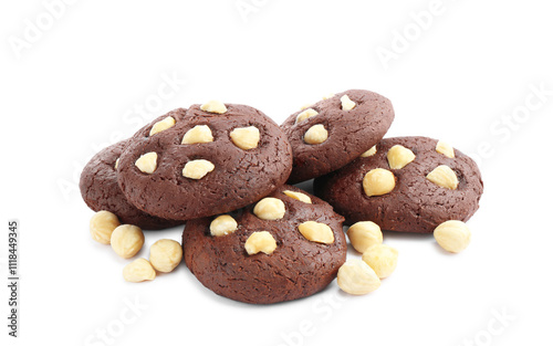 Tasty chocolate cookies with hazelnuts isolated on white