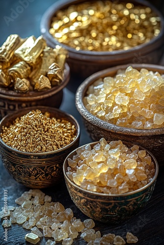 close-up of gold frankincense and myrrh containers arranged elegantly soft light highlighting textures for three kings