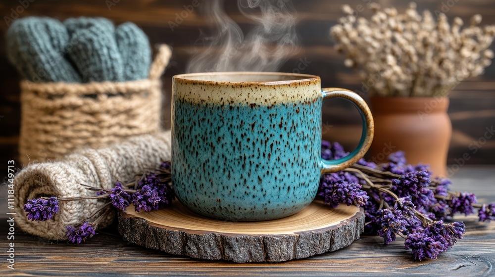 Steaming mug on wood with lavender and yarn. Steaming mug on wood with lavender and yarn.