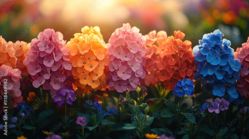 Vibrant multicolored hydrangeas in sunset light. Vibrant multicolored hydrangeas in sunset light.