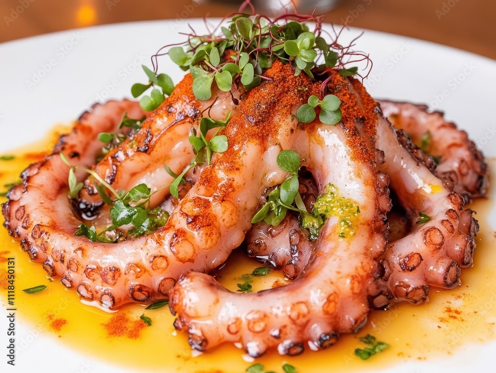 Octopus carpaccio garnished with microgreens and smoked paprika, elegantly plated Octopus carpaccio garnished with microgreens and smoked paprika, elegantly plated