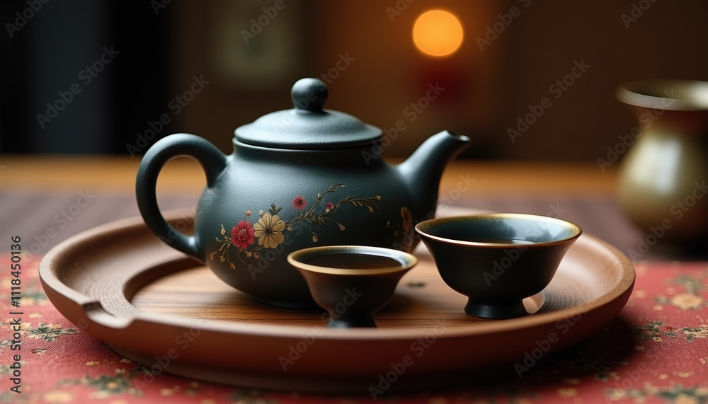 Elegant black teapot and bowls arranged on a wooden tray, showcasing a serene Chinese tea ceremony atmosphere. Elegant black teapot and bowls arranged on a wooden tray, showcasing a serene Chinese tea ceremony atmosphere.