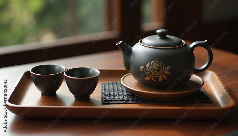 Simple yet elegant teapot and bowls on a wooden tray, creating a cozy setting for a Chinese tea ceremony on International Tea Day. Simple yet elegant teapot and bowls on a wooden tray, creating a cozy setting for a Chinese tea ceremony on International Tea Day.