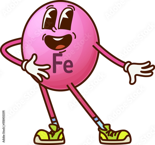 Cartoon groovy iron vitamin and micronutrient character. Isolated vector Fe molecule with a cheerful, friendly expression, round pink body, expressive eyes and open smile, posed in welcoming stance