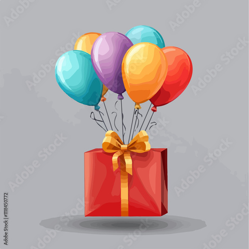Gift box, shopping bag, and balloons on gray background - Perfect for celebration concept