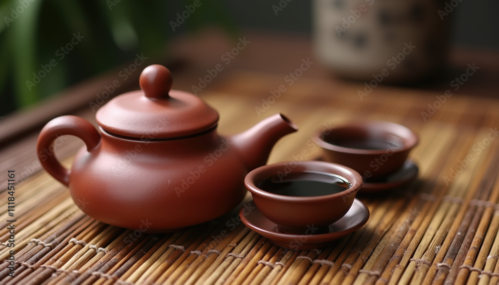 A tranquil setup featuring a rich brown teapot and matching bowls on a bamboo mat, perfect for a Chinese tea ceremony on International Tea Day. A tranquil setup featuring a rich brown teapot and matching bowls on a bamboo mat, perfect for a Chinese tea ceremony on International Tea Day.