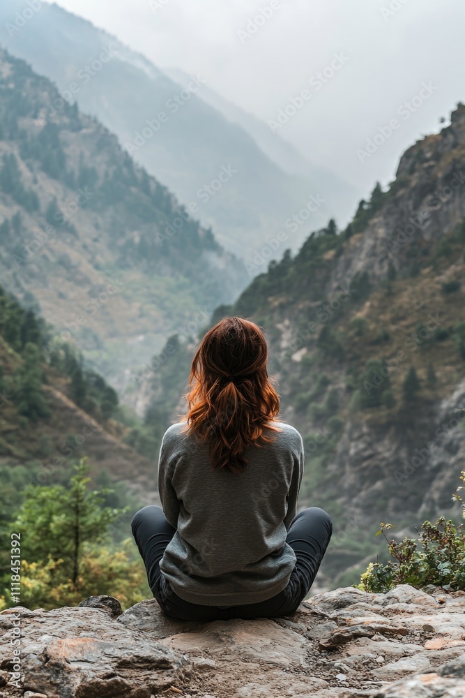 Woman sitting on rock overlooking valley