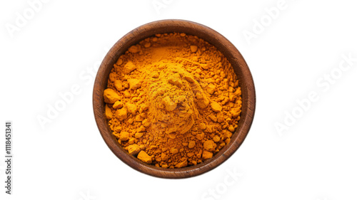 Yellow turmeric powder in wooden cup top view isolated on white powder