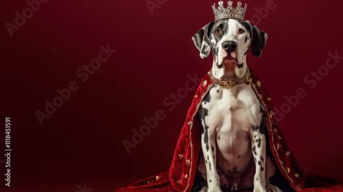A Great Dane adorned with a lavish royal cape and a sparkling crown sits proudly on display. The striking red backdrop enhances the regal aura of this noble canine, capturing the essence of royalty