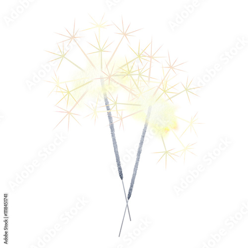 Watercolor illustration of two lit sparklers with golden sparkling effects for holiday designs, celebrations, New Year, Christmas, weddings, Valentine's Day, birthdays or holiday themed project