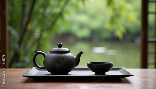 Wallpaper Mural A serene scene of a teapot and bowls arranged beautifully on a rustic background, celebrating the warmth and joy of International Tea Day. Torontodigital.ca