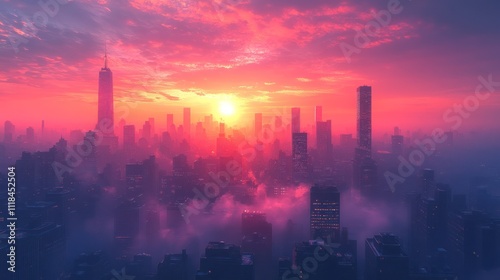 Vibrant sunset over a hazy city skyline.