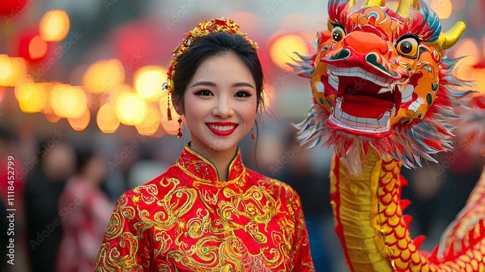 Beautiful Woman in Red Dress at Chinese New Year Dragon Dance Beautiful Woman in Red Dress at Chinese New Year Dragon Dance