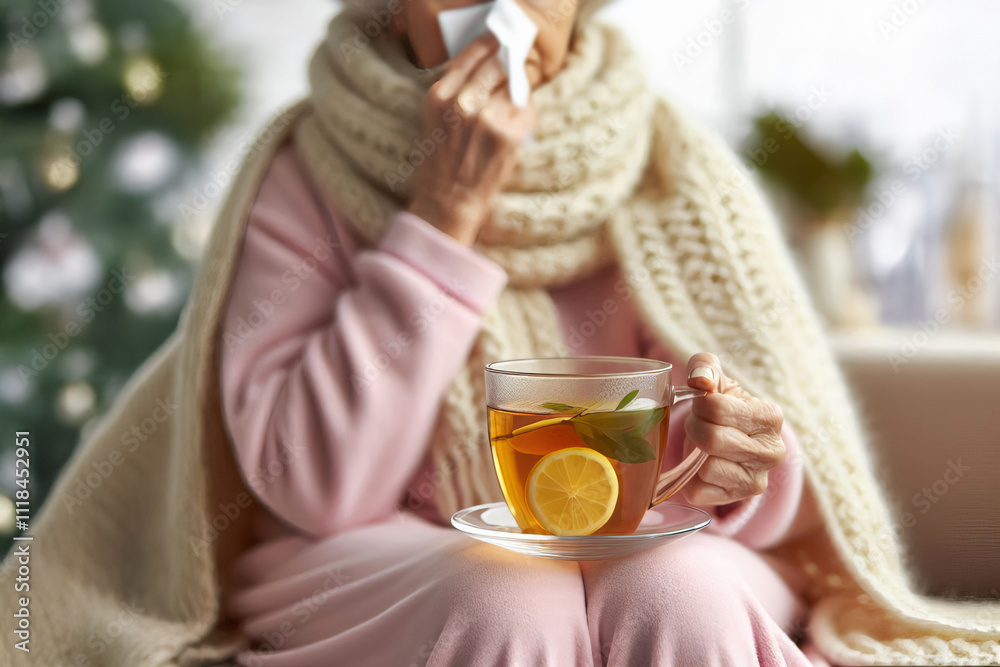 elderly woman sits on sofa, big wool scarf, cold blows her nose into a tissue, transparent cup with yellow tea in hand,