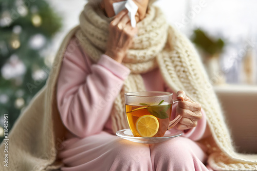 elderly woman sits on sofa, big wool scarf, cold blows her nose into a tissue, transparent cup with yellow tea in hand, photo