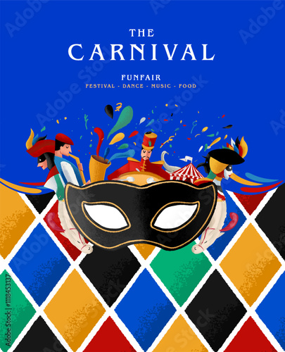 carnival festival illustration with mask and harlequin pattern circus music dance