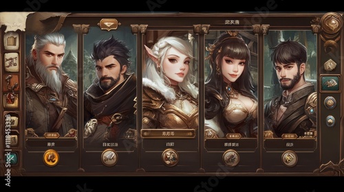 Fantasy game character selection screen showing five diverse heroes.