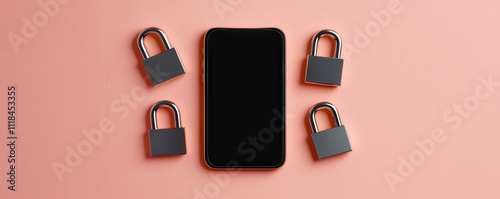 spam call phone report concept. Smartphone surrounded by padlocks on a pink background.