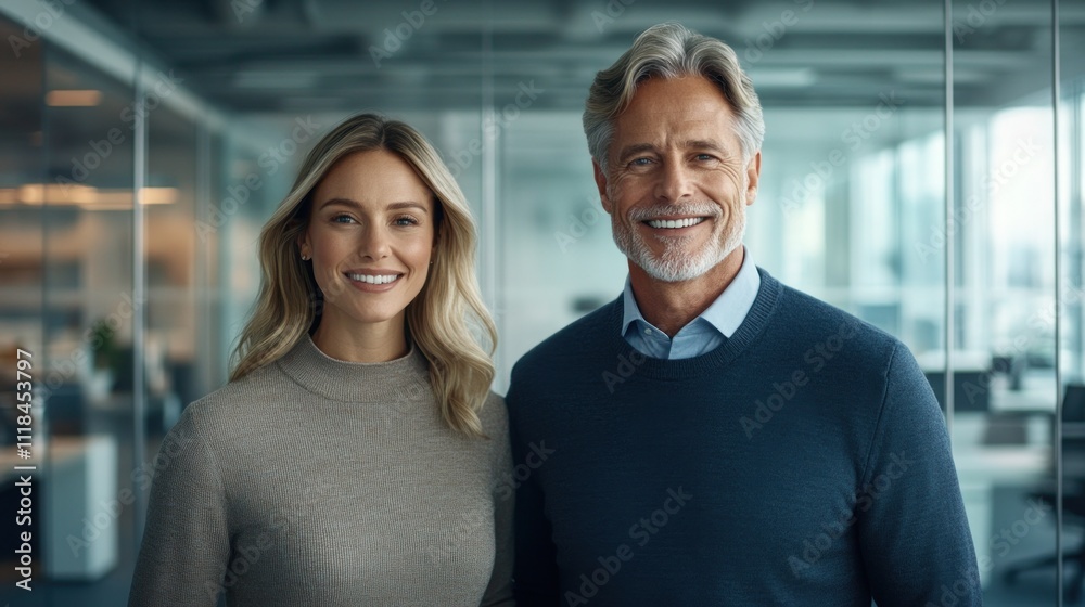 Two colleagues pose for a friendly portrait in a contemporary office setting, showcasing teamwork Two colleagues pose for a friendly portrait in a contemporary office setting, showcasing teamwork