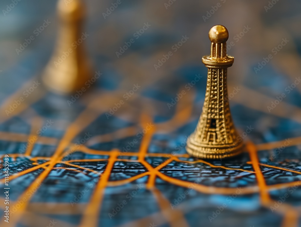 Golden Tower Piece on City Map Game Board Golden Tower Piece on City Map Game Board