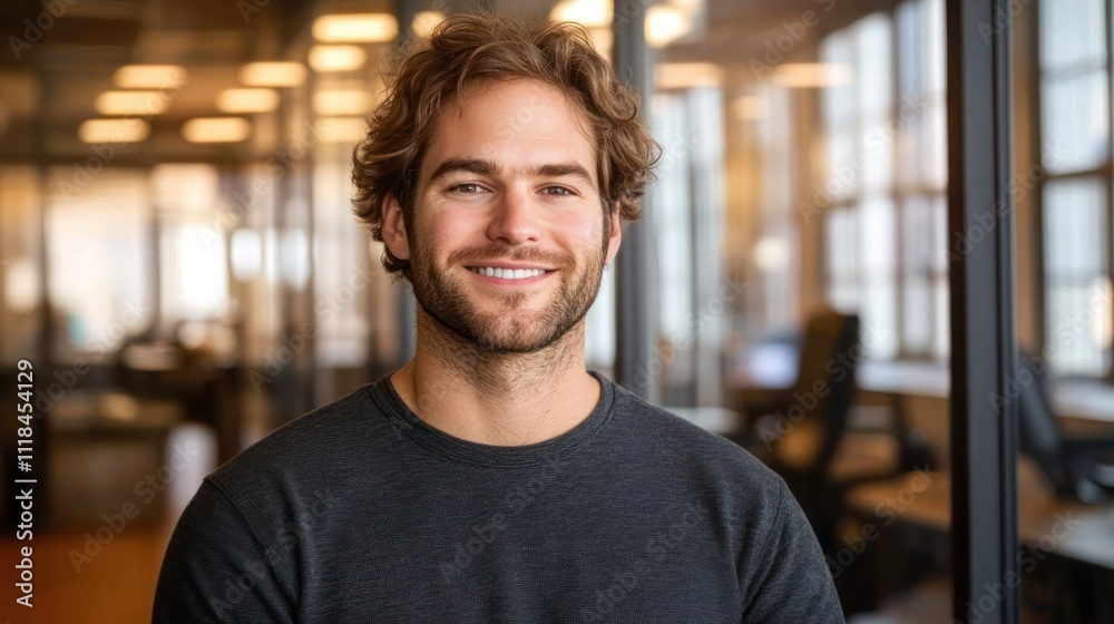 Fototapeta premium Young man with curly hair smiles warmly while standing in a bright office space filled with windows