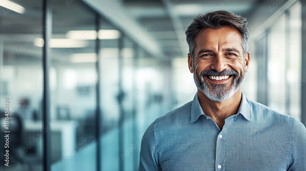 Businessman with a beard smiles confidently in a contemporary office with glass partitions and bright light Businessman with a beard smiles confidently in a contemporary office with glass partitions and bright light
