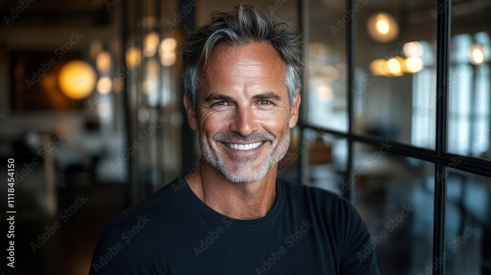 Man with silver hair smiles warmly in a modern office environment filled with natural light