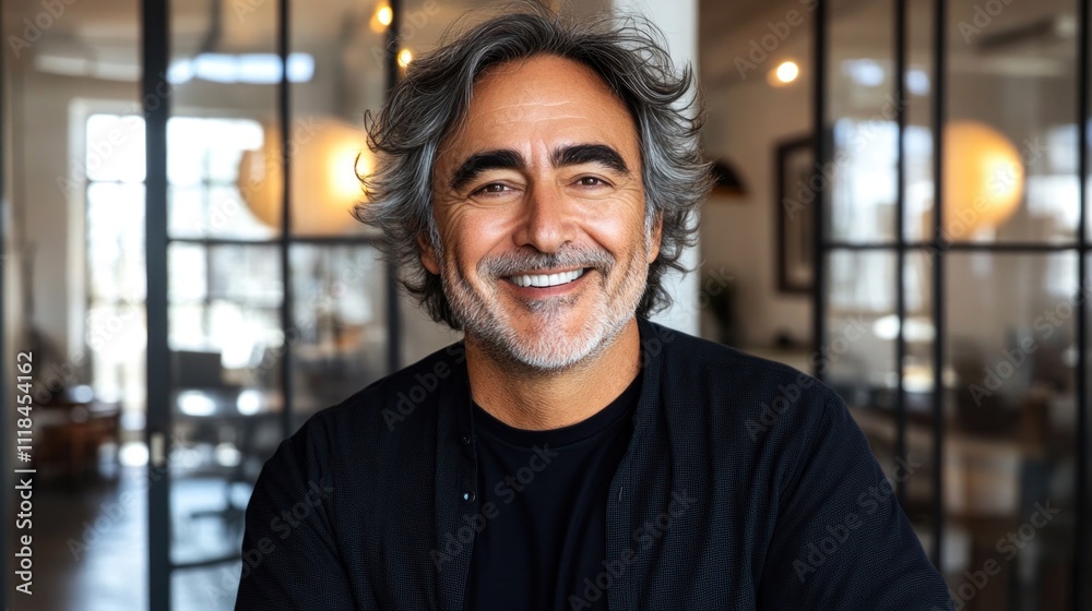 Friendly man with graying hair smiles warmly in a stylish, bright, contemporary setting Friendly man with graying hair smiles warmly in a stylish, bright, contemporary setting