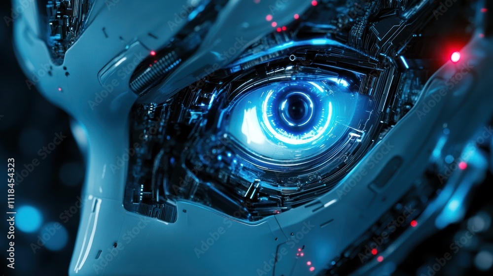 Close-up of a robotic eye with intricate circuitry and glowing elements. Close-up of a robotic eye with intricate circuitry and glowing elements.