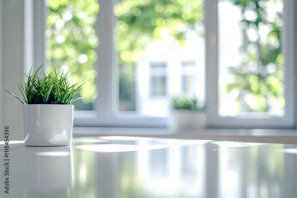 A bright indoor space featuring a small potted plant on a table with sunlight streaming in. A bright indoor space featuring a small potted plant on a table with sunlight streaming in.