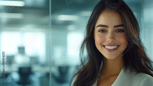 A young woman stands in an office, smiling confidently at the camera with a bright atmosphere Free Download A young woman stands in an office, smiling confidently at the camera with a bright atmosphere - GFXLoad