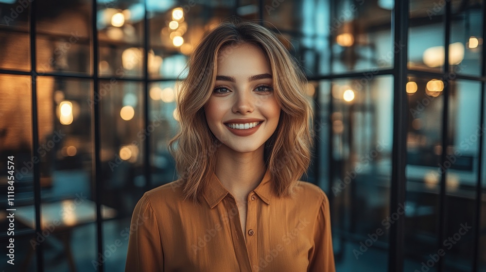 Young woman with a warm smile poses in a stylish cafe with soft lighting in the evening Young woman with a warm smile poses in a stylish cafe with soft lighting in the evening