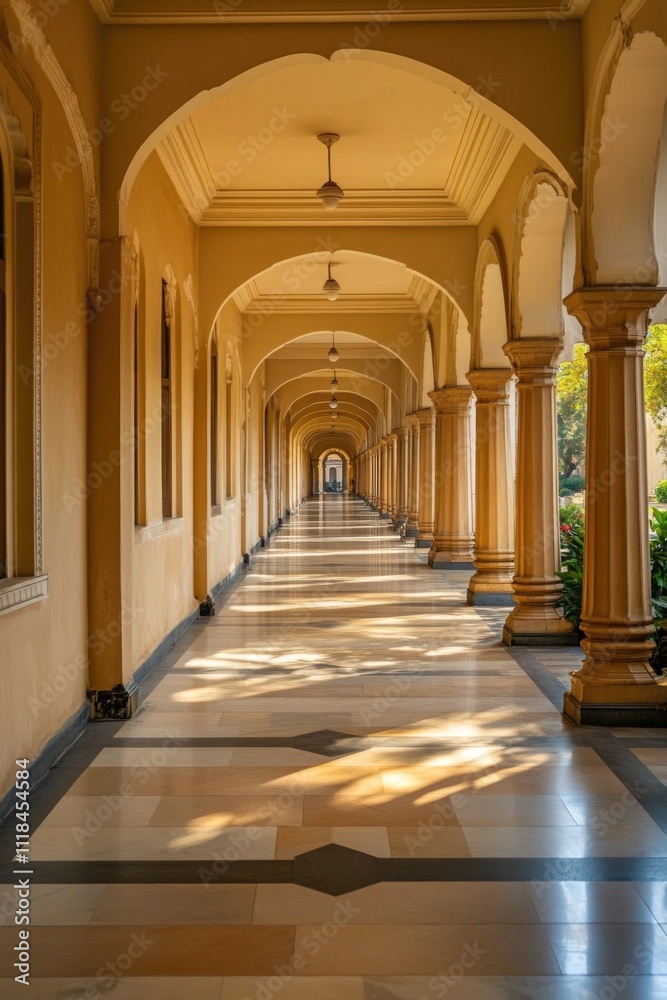 Long hallway with columns and clock Long hallway with columns and clock