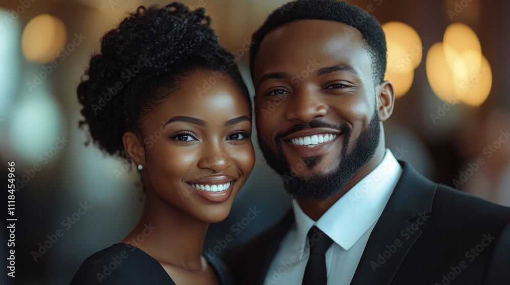 Couple shares a joyful moment together while dressed elegantly in a classy indoor venue Couple shares a joyful moment together while dressed elegantly in a classy indoor venue