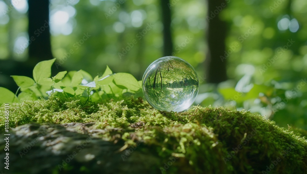 A crystal ball resting on moss in a lush, green forest setting. A crystal ball resting on moss in a lush, green forest setting.
