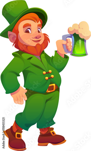 Cartoon Irish leprechaun man character holding a frothy beer mug. Isolated vector cheerful joyful elf dressed in green suit, cheerfully holding a tankard of traditional ale, celebrating St Patrick Day