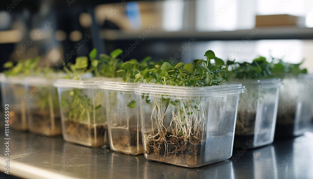 Translucent containers revealing roots submerged in water, illustrating plant growth dynamics and their relationship with hydration in plant research. Translucent containers revealing roots submerged in water, illustrating plant growth dynamics and their relationship with hydration in plant research.