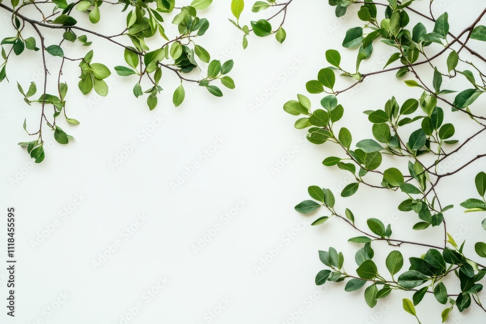 Green leaves arranged artistically on a light background, ideal for nature-themed designs. Green leaves arranged artistically on a light background, ideal for nature-themed designs.