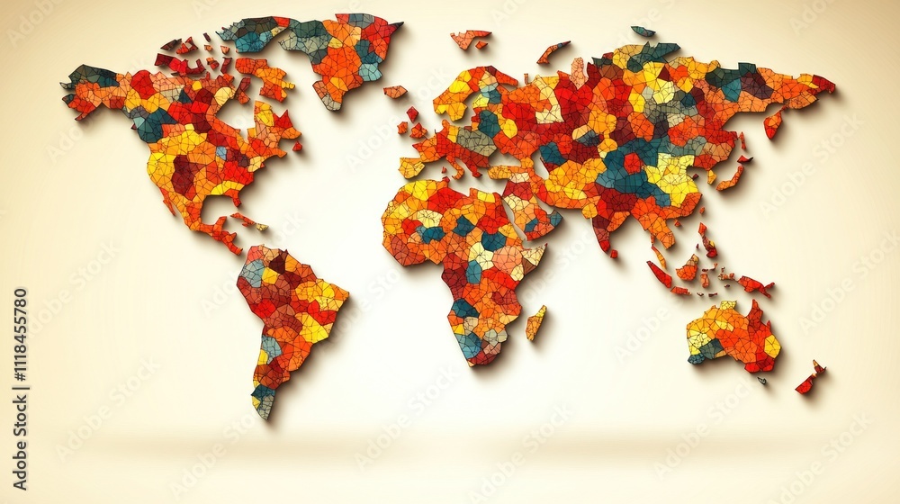 A vibrant map showcases global diversity through colorful segments representing various regions and cultures A vibrant map showcases global diversity through colorful segments representing various regions and cultures