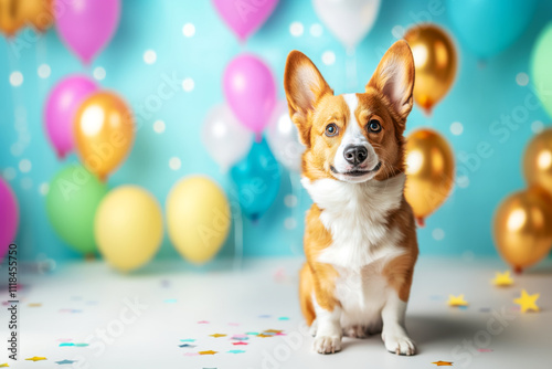 Corgi sitting on bright background with balloons and flowers, place for greeting card, pet care concept