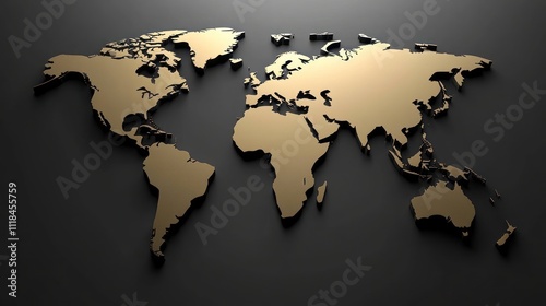 Detailed portrayal of a gold toned world map against a dark backdrop highlighting geography photo