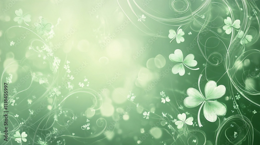 A stylish St. Patrick's Day background with soft green tones, featuring delicate shamrocks, clovers, and swirling white patterns for an elegant look A stylish St. Patrick's Day background with soft green tones, featuring delicate shamrocks, clovers, and swirling white patterns for an elegant look