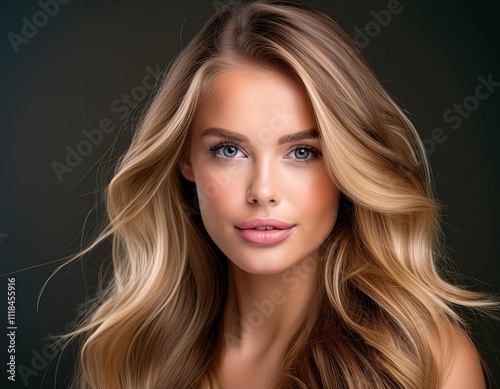 Caucasian woman detailed, hyper-realistic close-up portrait of a beautiful model, perfect blond hair and make up.