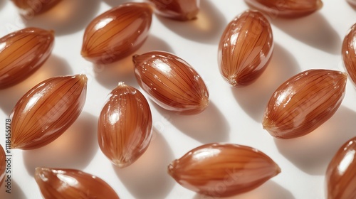 Close-up of shiny brown seeds arranged in a pattern. photo