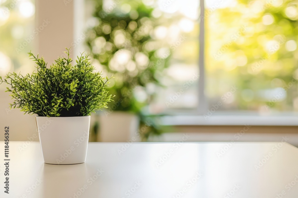 Fototapeta premium A small potted plant on a table with a blurred background of greenery.