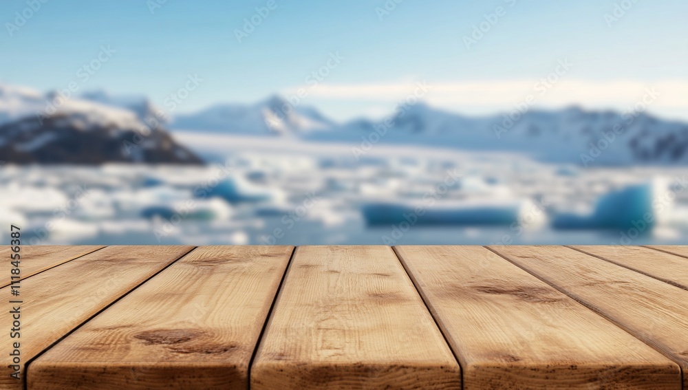 A wooden table foreground with a blurred icy landscape in the background. A wooden table foreground with a blurred icy landscape in the background.