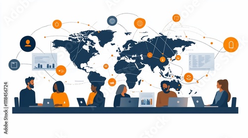Team collaborating around a world map with digital connections.