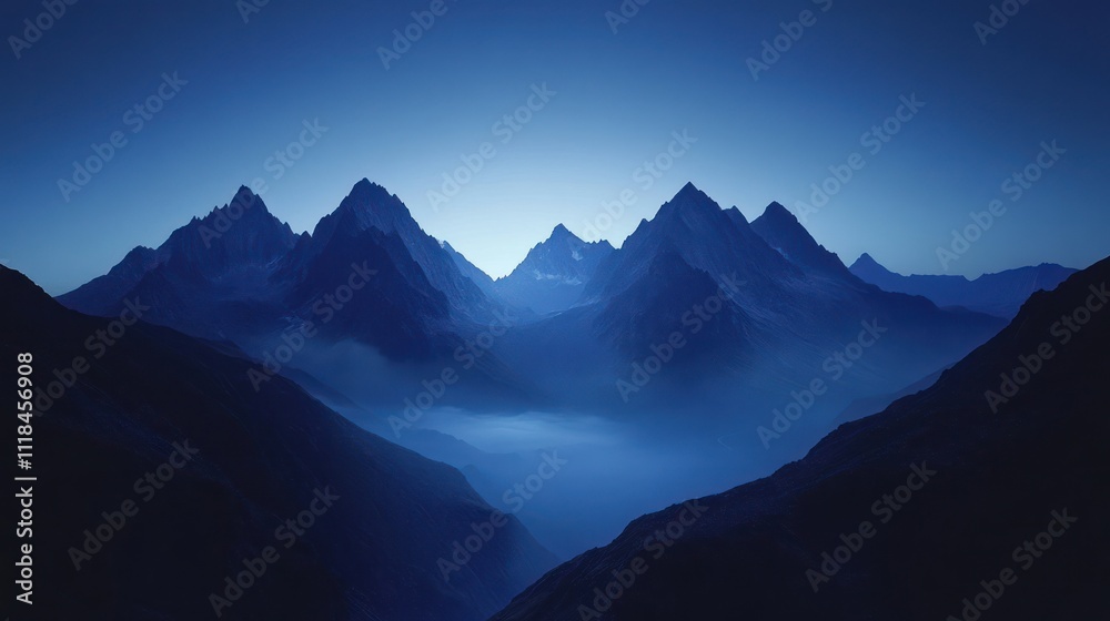 Majestic blue mountain range at dawn, shrouded in mist. Majestic blue mountain range at dawn, shrouded in mist.