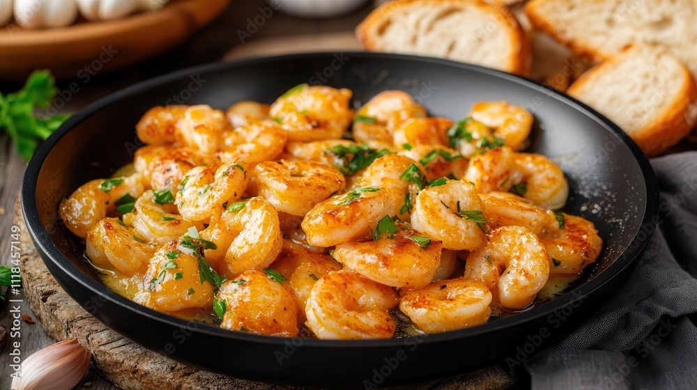 Gambas al ajillo sizzling in garlic butter, served with fresh bread on a rustic table Gambas al ajillo sizzling in garlic butter, served with fresh bread on a rustic table